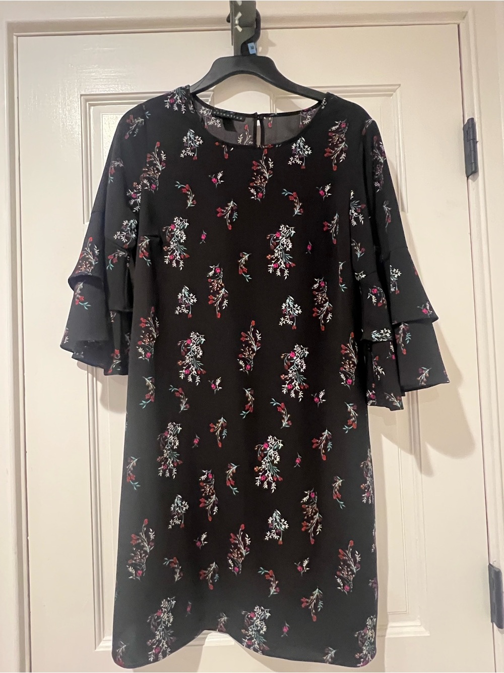 Attention Black Floral Midi Dress with Ruffle Sleeves